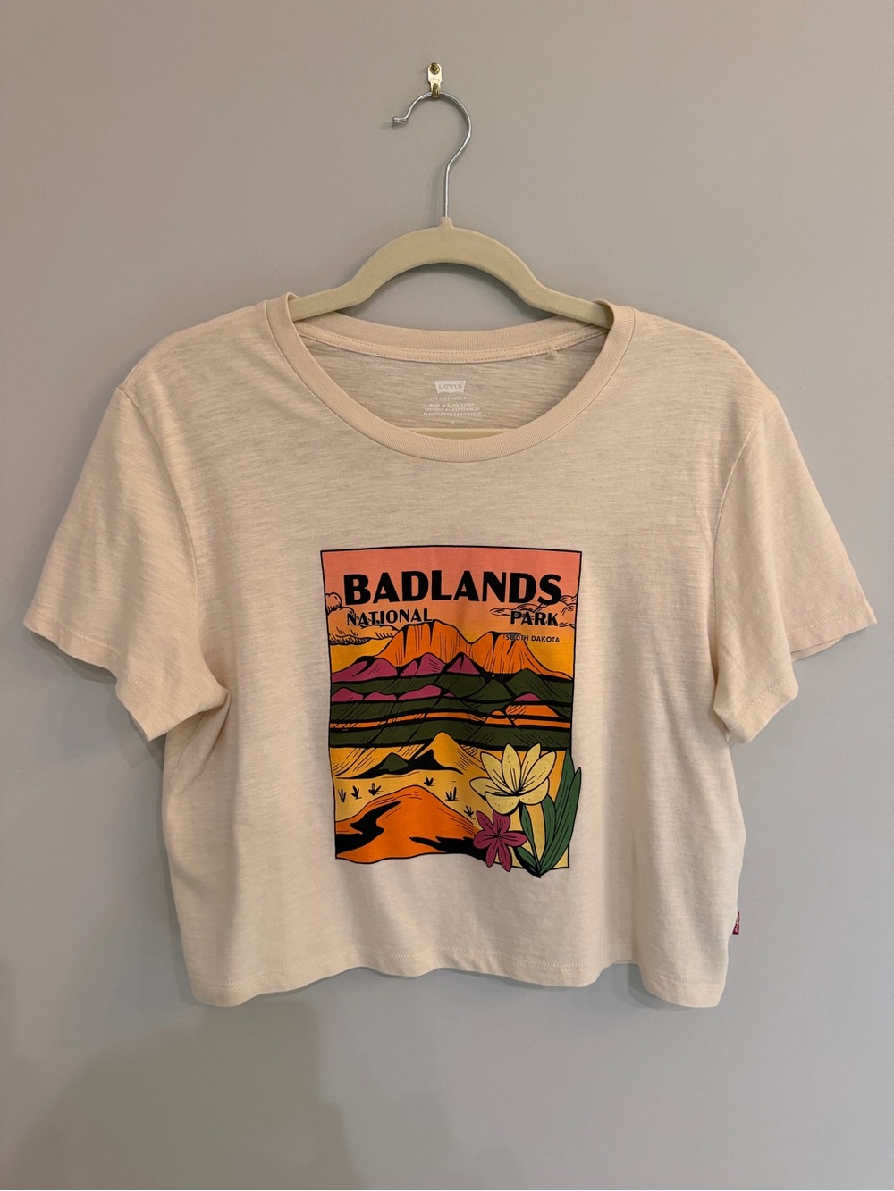 Levi's Cream Badlands Graphic Crop Tee with Multicolor Artwork